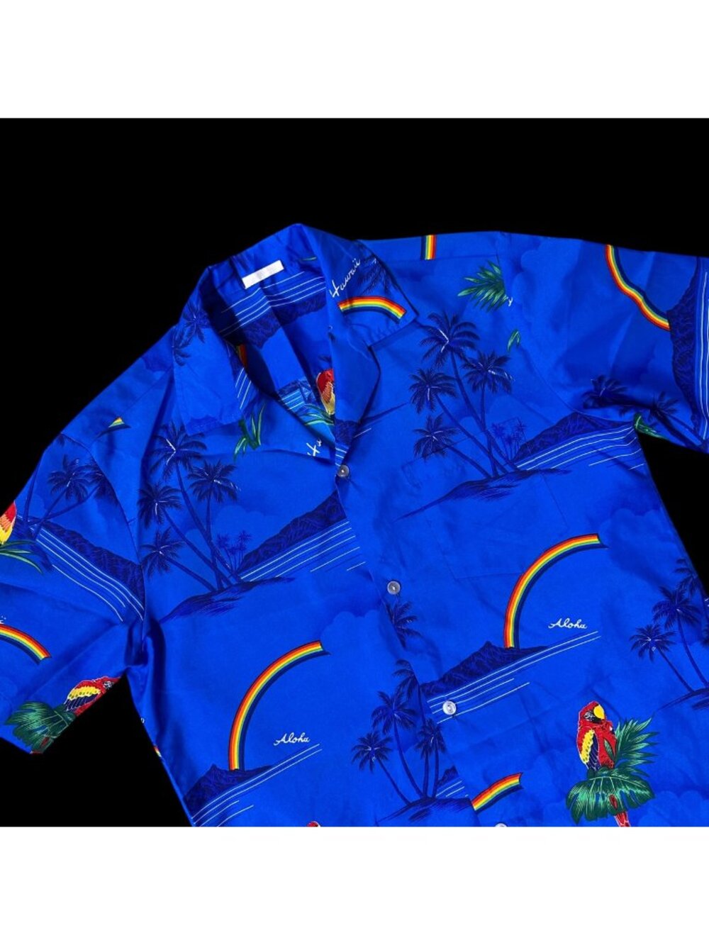 Vintage Hawaiian Shirt Blue Rainbow Parrot Short Sleeve Hilo Hattie Hawaii